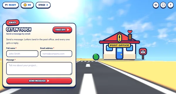 Flight Project — arcade-style 3D flight simulator built as a website, flying between and landing on web pages